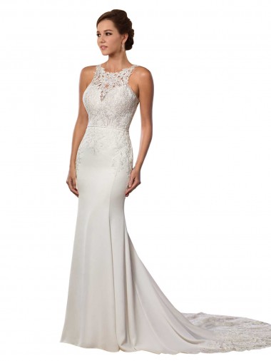 Chapel Train Sleeveless Lace Ivory Sheath Modern Wedding Dress Colchester