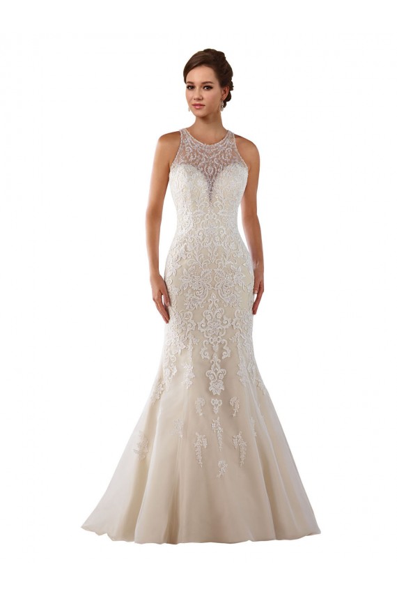 Chapel Train Sleeveless Lace Ivory Mermaid Bridal Gown Colchester