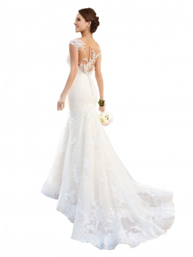 Chapel Train Cap Sleeves Lace White Illusion Neck Mermaid Wedding Dress Colchester