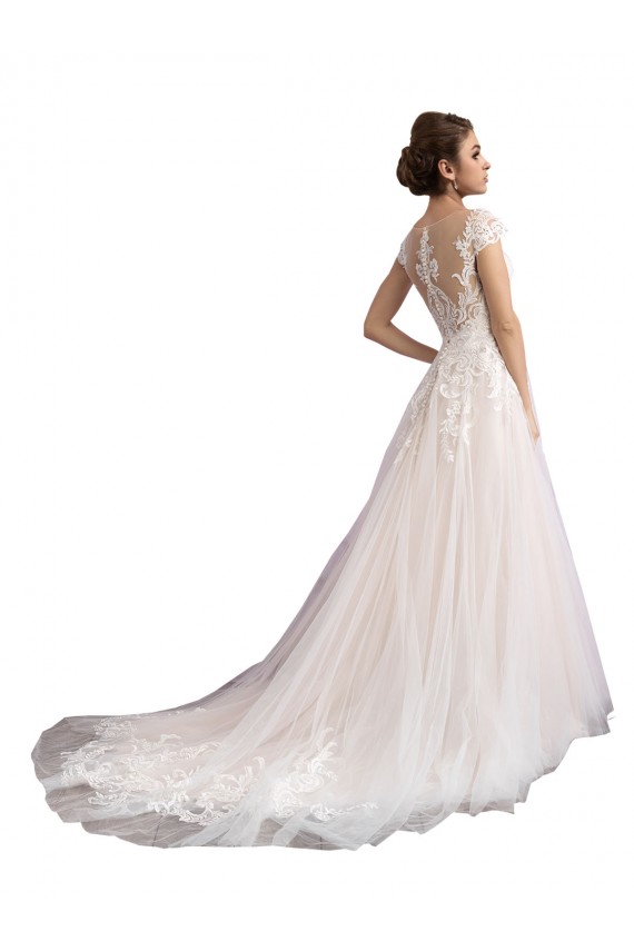 Cathedral Train Cap Sleeves Tulle & Lace Ivory & Champagne A-Line Beach Wedding Dress Colchester