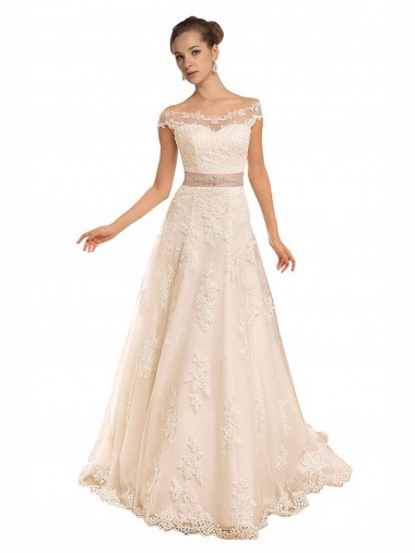 Chapel Train Sleeveless Lace Ivory A-Line Beach Wedding Dress Colchester