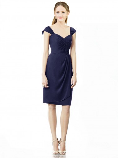 Knee Length Cap Sleeves Soft Chiffon Dark Navy Sheath Bridesmaid Dress Colchester