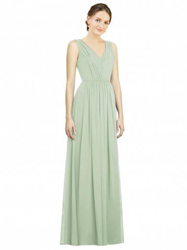 Long Sleeveless Soft Chiffon Sage V-Neck A-Line Bridesmaid Dress Colchester