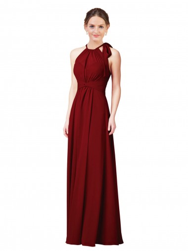 Long Sleeveless Soft Chiffon Burgundy Halter Neck Sheath Bridesmaid Dress Colchester