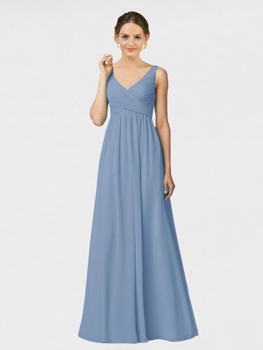 Long Sleeveless Soft Chiffon Dusty Blue A-Line Bridesmaid Gown Colchester