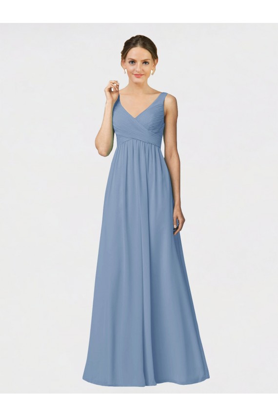 Long Sleeveless Soft Chiffon Dusty Blue A-Line Bridesmaid Gown Colchester