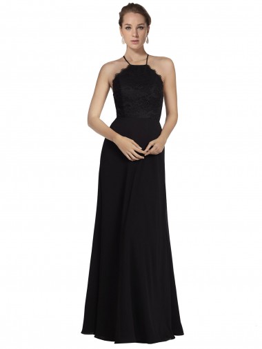 Long Sleeveless Soft Chiffon & Lace Black A-Line Bridesmaid Gown Colchester