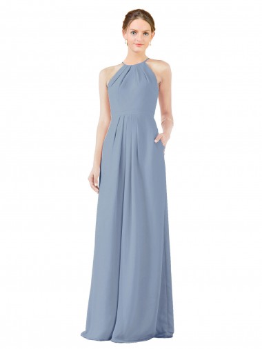 Long Sleeveless Soft Chiffon Dusty Blue Halter Neck Sheath Bridesmaid Dress Colchester