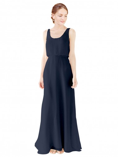 Long Sleeveless Soft Chiffon Dark Navy Scoop Neck A-Line Bridesmaid Dress Colchester