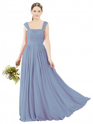 Long Sleeveless Soft Chiffon Dusty Blue Square Neck A-Line Bridesmaid Dress Colchester