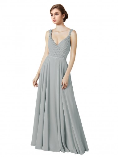 Long Sleeveless Chiffon Silver V-Neck A-Line Bridesmaid Dress / Evening Dress Colchester