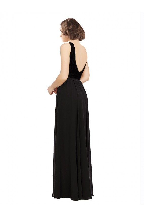 Long Sleeveless Soft Chiffon & Velvet Black A-Line Prom Dress / Bridesmaid Dress Colchester