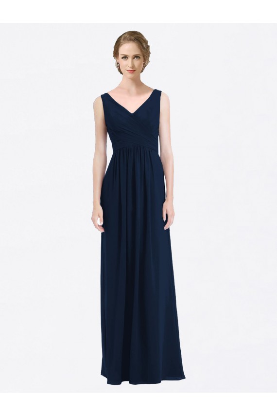 Long Sleeveless Soft Chiffon Dark Navy V-Neck A-Line Evening Gowns / Bridesmaid Dress Colchester