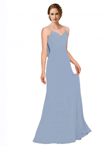 Long Sleeveless Chiffon Dusty Blue Spaghetti Straps A-Line Bridesmaid Dress / Evening Dress Colchester