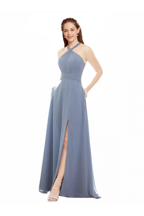 Long Sleeveless Soft Chiffon Dusty Blue A-Line Evening Dress / Bridal Party Dress Colchester