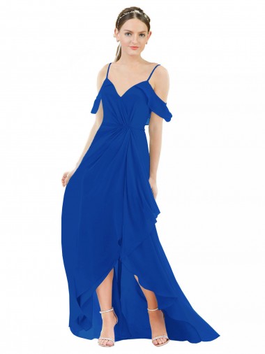 Long Cold Shoulder Soft Chiffon Royal Blue A-Line High Low Bridesmaid Dress Colchester