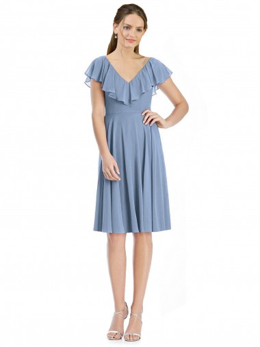 Cocktail Length Cap Sleeves Soft Chiffon Dusty Blue A-Line Bridesmaid Dress Colchester