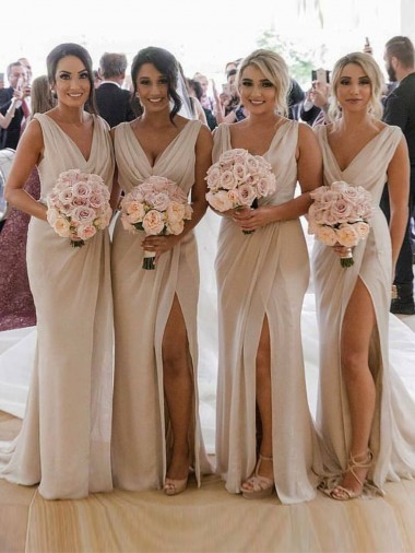 Long Sleeveless Soft Chiffon Champagne A-Line Bridesmaid Dress Colchester