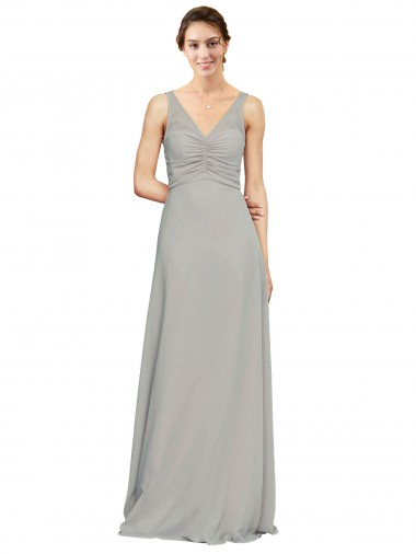 Long Sleeveless Soft Chiffon Silver V-Neck A-Line Bridesmaid Dress Colchester