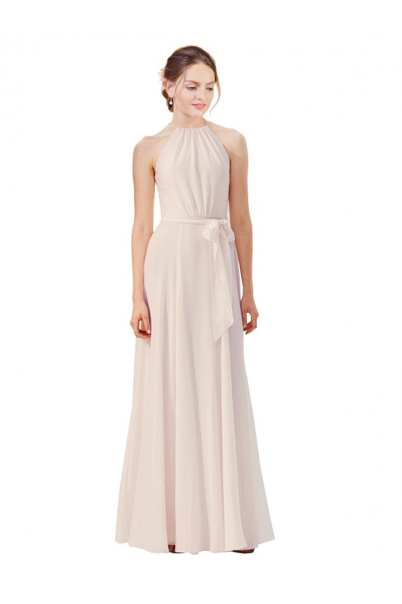 Long Sleeveless Soft Chiffon Cream Pink Bateau Neck A-Line Bridesmaid Dress Colchester