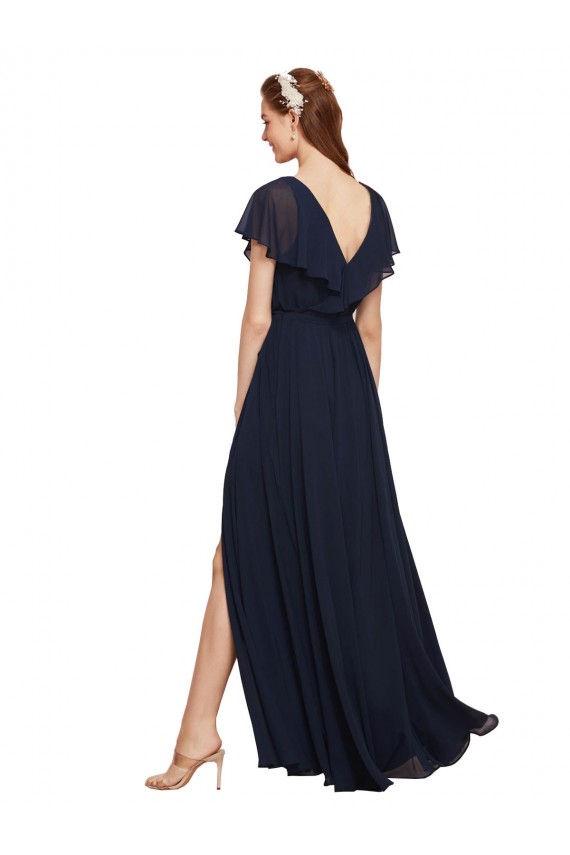 Long Cap Sleeves Chiffon Dark Navy A-Line Evening Gowns / Bridesmaid Dresses Colchester