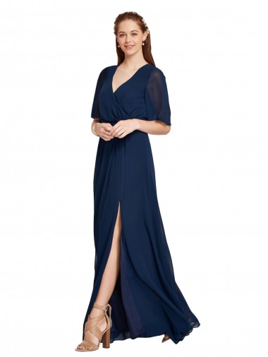 Long Flutter Sleeves Soft Chiffon Dark Navy A-Line Bridesmaid Dress / Formal Dress Colchester