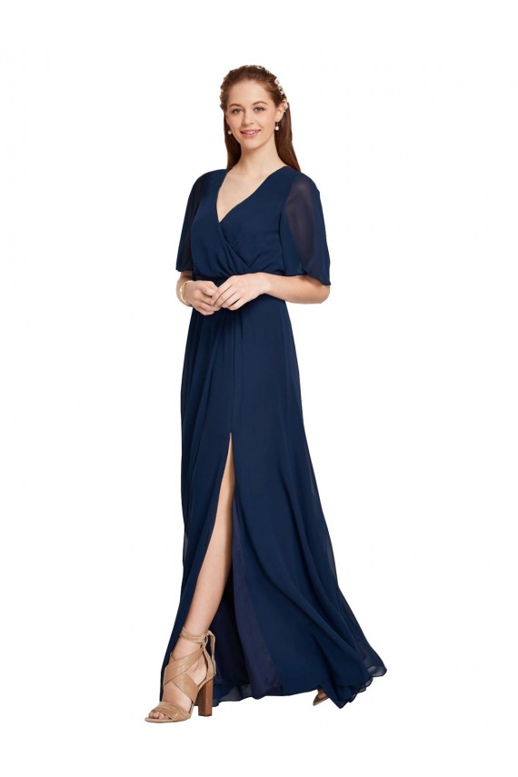 Long Flutter Sleeves Soft Chiffon Dark Navy A-Line Bridesmaid Dress / Formal Dress Colchester