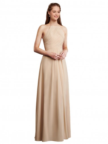 Long Sleeveless Soft Chiffon Champagne Halter Neck A-Line Bridesmaid Dress Colchester