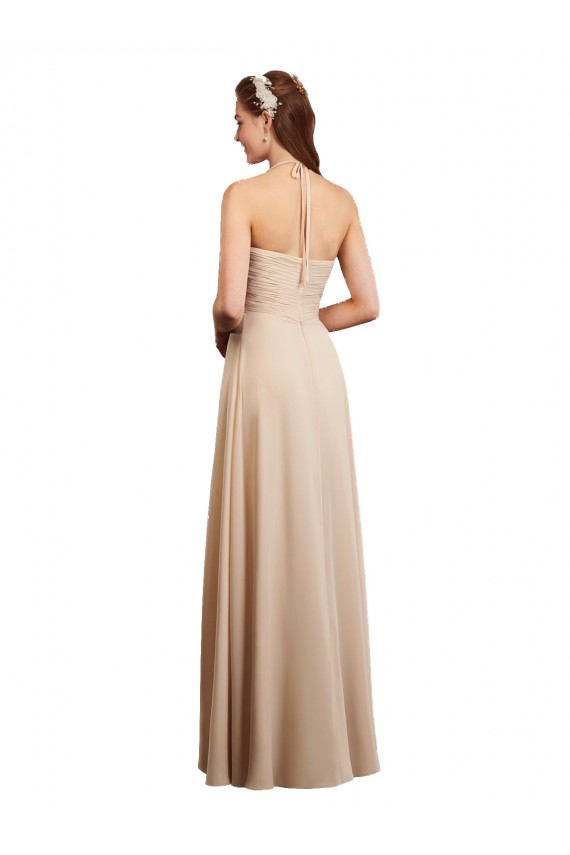 Long Sleeveless Soft Chiffon Champagne Halter Neck A-Line Bridesmaid Dress Colchester