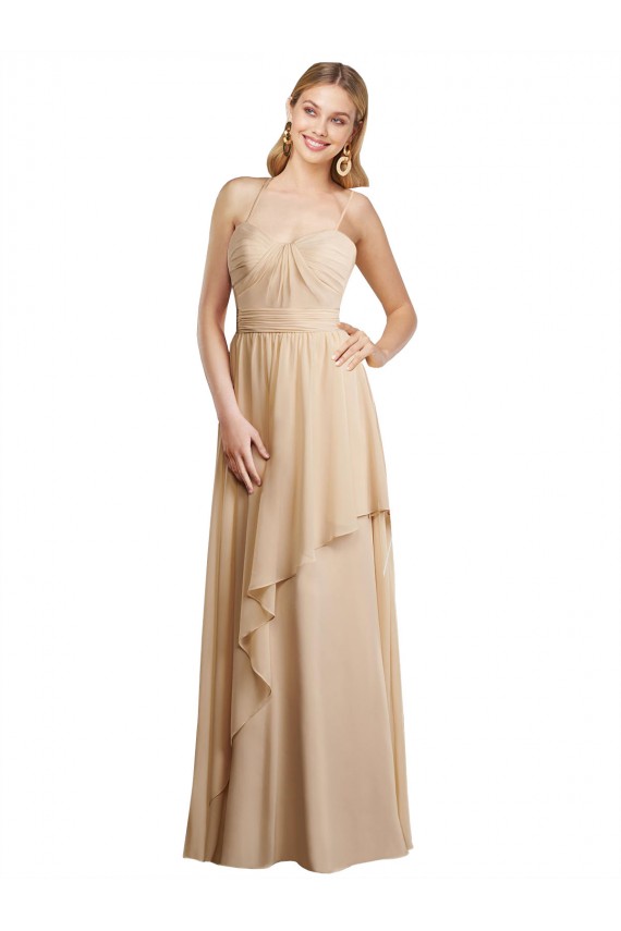 Long Sleeveless Soft Chiffon Champagne Spaghetti Straps A-Line Bridesmaid Dress Colchester