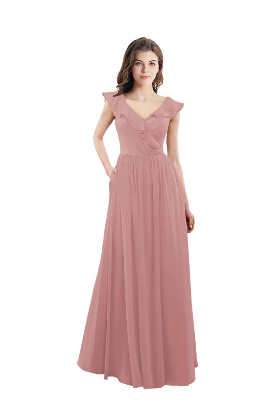 Long Cap Sleeves Soft Chiffon Dusty Pink A-Line Bridesmaid Dress Colchester