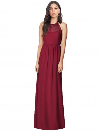 Long Sleeveless Soft Chiffon Burgundy Halter Neck Trumpet Bridesmaid Dress Colchester