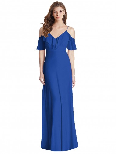 Long Cold Shoulder Soft Chiffon Royal Blue Trumpet Semi Formal Evening Dress / Bridesmaid Dress Colchester