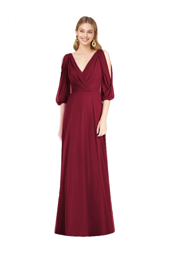 Long Bell Sleeves Soft Chiffon Burgundy Trumpet Formal Dress / Bridesmaid Dress Colchester