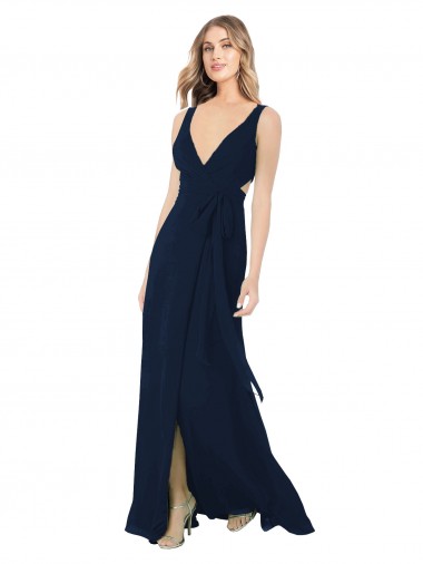 Long Sleeveless Chiffon Dark Navy V-Neck A-Line Bridesmaid Dress / Evening Dress Colchester