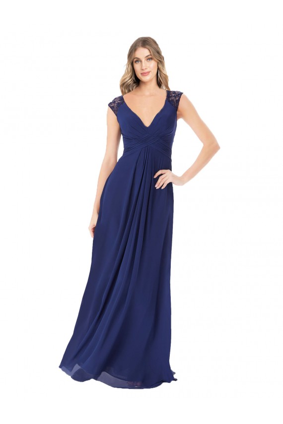 Long Cap Sleeves Soft Chiffon Sapphire A-Line Bridesmaid Dress Colchester