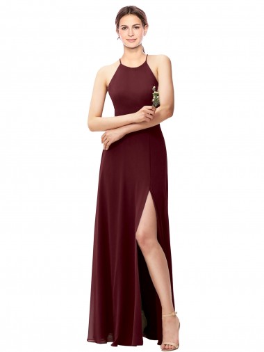 Long Sleeveless Soft Chiffon Burgundy Gold Halter Neck A-Line Bridesmaid Dress Colchester