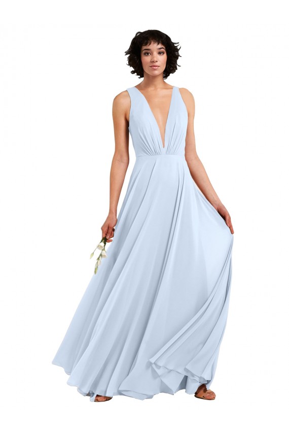 Long Sleeveless Soft Chiffon Light Sky Blue V-Neck A-Line Bridesmaid Dresses Colchester