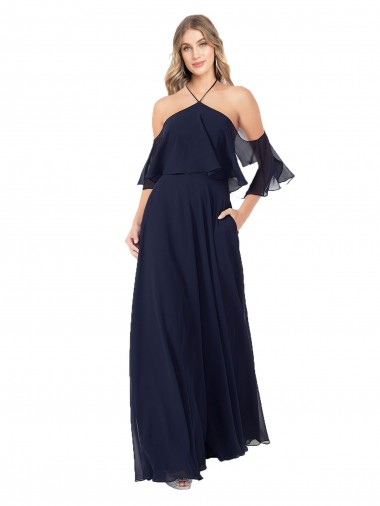 Long Flutter Sleeves Soft Chiffon Dark Navy A-Line Formal Dress / Bridesmaid Dress Colchester