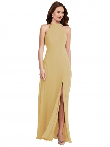 Long Sleeveless Soft Chiffon Gold A-Line Semi Formal Evening Dress / Bridesmaid Dress Colchester