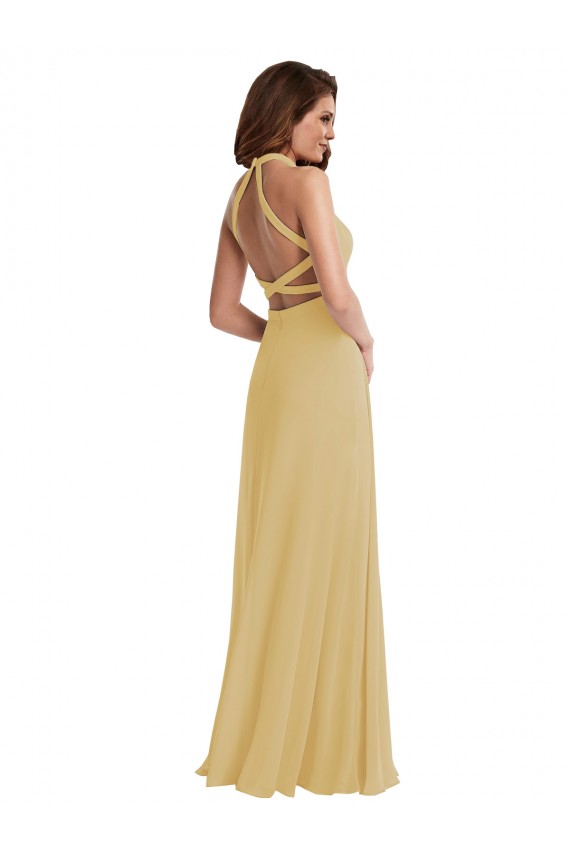 Long Sleeveless Soft Chiffon Gold A-Line Semi Formal Evening Dress / Bridesmaid Dress Colchester