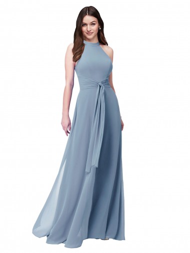 Long Sleeveless Chiffon Dusty Blue A-Line Bridesmaid Formal Dress Colchester