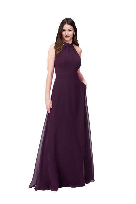 Long Sleeveless Soft Chiffon Grape Halter Neck A-Line Bridesmaid Dress Colchester