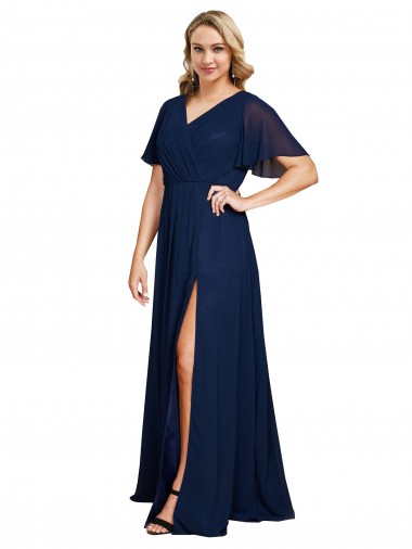 Long Short Flutter Sleeves Soft Chiffon Dark Navy A-Line Formal Plus Size Evening Gown / Prom Dress / Bridesmaid Dress Colchester