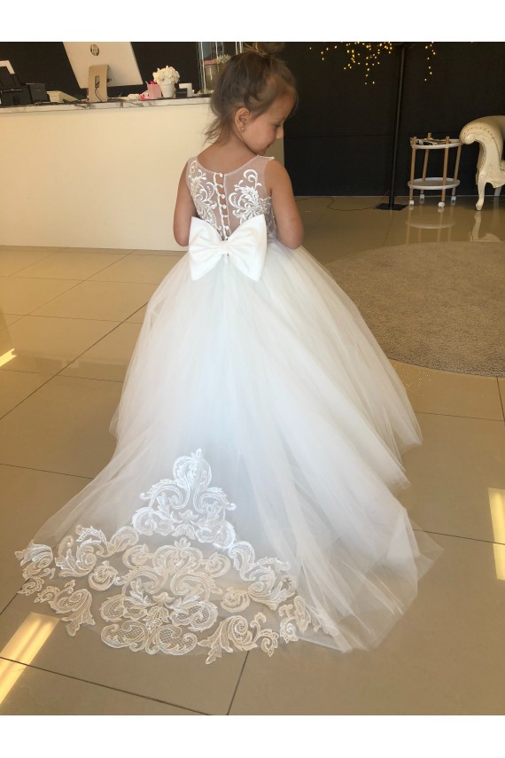 Chapel Train Sleeveless Tulle & Lace Champagne Ball Gown Flower Girl Dresses Colchester