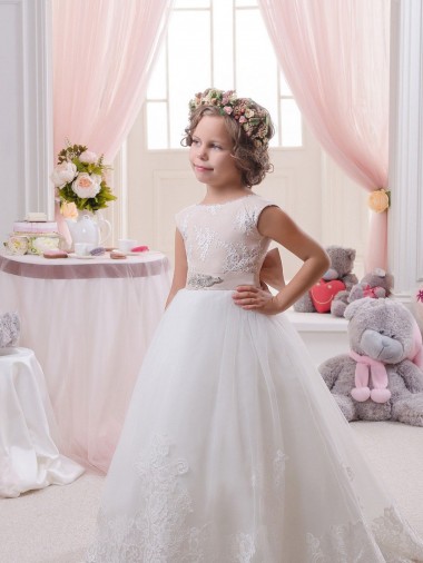 Chapel Train Sleeveless Tulle & Lace Ivory Ball Gown Flower Girl Dresses Colchester