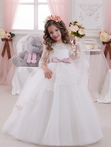 Chapel Train Sleeveless Tulle & Lace Ivory Ball Gowns Flower Girl Dress Colchester