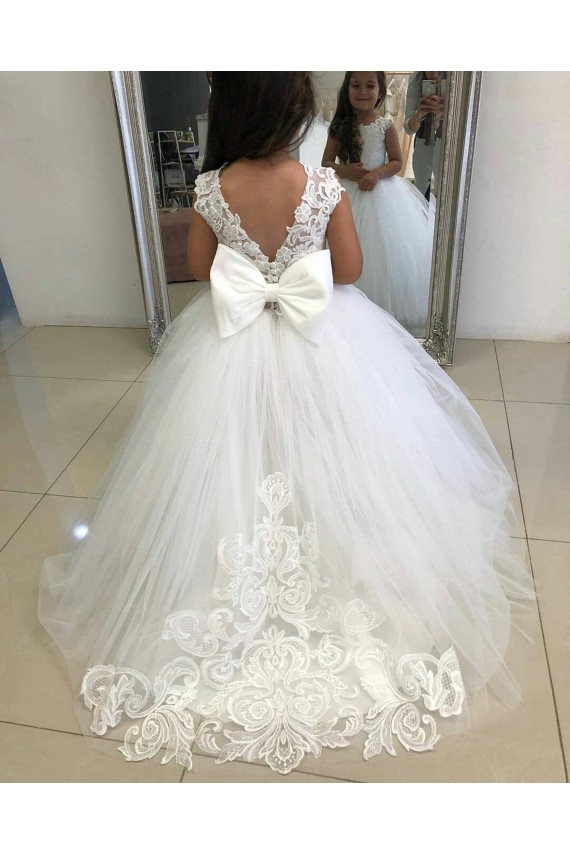 Chapel Train Sleeveless Tulle & Lace Ivory Bateau Neckline Ball Gown Flower Girl Dress Colchester