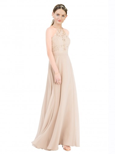 Long Sleeveless Soft Chiffon & Lace Champagne A-Line Prom Dress / Bridesmaid Dress Colchester