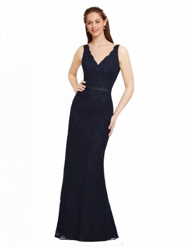 Long Sleeveless Lace Dark Navy Sheath Bridesmaid Dress Colchester